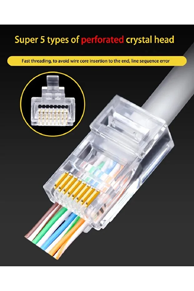 100 Adet Yeni Nesil Delikli Rj45 Cat5 Cat6 Ethernet Internet Kablo Soketi Konnektör 8p8c Jack Utp Uç