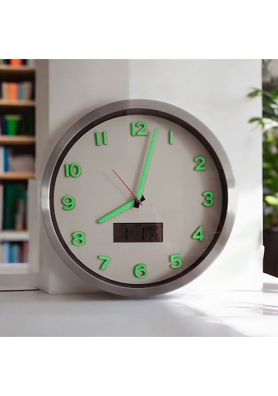 Fosforlu Termometreli Isı Ölçer Dijitalli Kabartma Rakam Beyaz Duvar Saati Metal Çap 30 Cm Beyaz