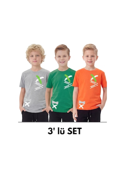 Fyk Kids 3'lü White Yazı Baskılı Yuvarlak Yaka Kısa Kollu Erkek Çocuk Yazlık Tişört Gri - Turuncu