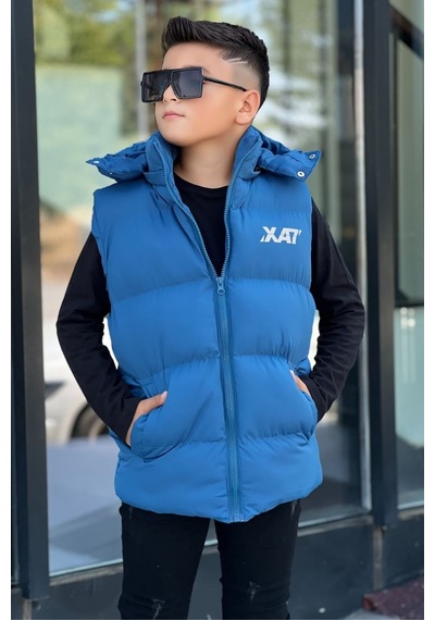 Pina Kids Erkek Çocuk Baskılı Çıkarılabilir Kapüşonlu Şişme Yelek 3017 Mavi