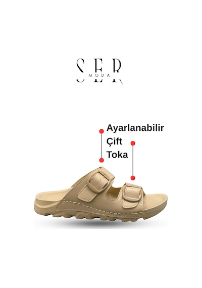 Sermoda Kadın Terlik Esnek Anatomik Tabanlı Ayarlanabilir Çift Tokalı Kadın Terlik Krem