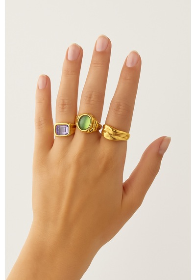 Avenir Gold 3 Adet Yeşil Lila Pastel Renki Taşlı Tasarım Vintage Çoklu Altın Yüzük Seti
