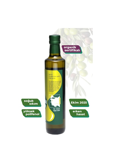 Organik Soğuk Sıkım Erken Hasat Zeytinyağı 500 Ml