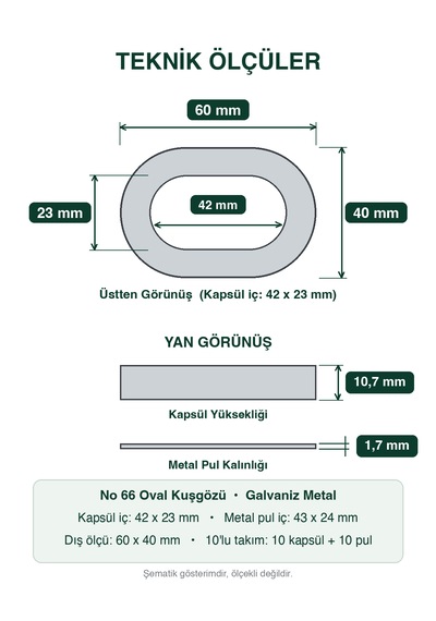 40 Mm No 66 Galvaniz Oval Kuşgözü Branda, Tente Ve Perde İçin 10'lu Takım Gümüş