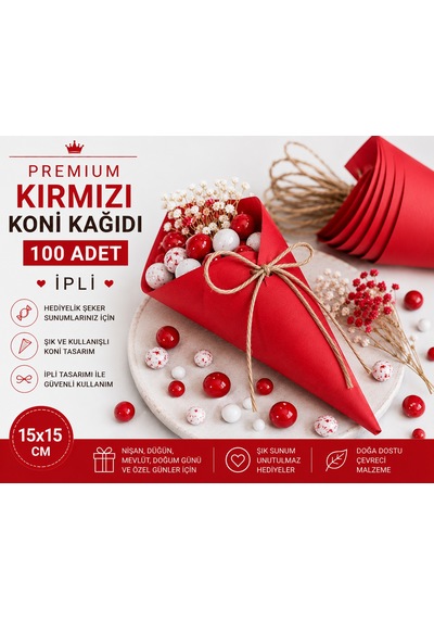 Premium Kırmızı Koni Kağıdı 100 Adet İpli Hediyelik İkram Ve Şeker Sunum Külahı