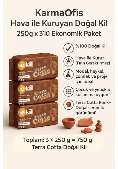 Terra Cotta Doğal Kil Hamuru 3x250gr Hava İle Kuruyan Seramik Hamur El Sanatları, Dekor, Modelleme 250x3