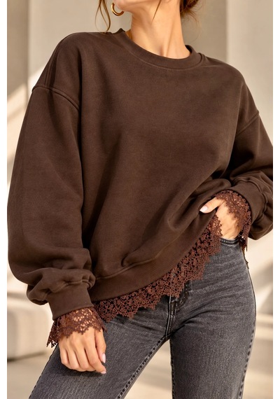 Bb Butik Basic Dantel Detaylı 3 İplik Şardonlu Kadın Sweatshirt My3535 Kahverengi