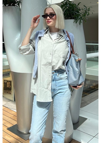 Madmext Gri Oversize Basic Cepli Poplin Gömlek Mg1530 Gri