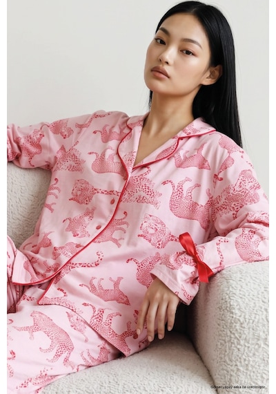 Siyah İnci Desenli Kurdele Detaylı Yumuşak Tuşe Kışlık Düğmeli Örme Pijama Takımı 8083 Kırmızı Kaplan