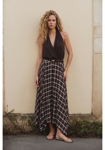 Sateen Uzun Ekose Etek - Kahve-137708
