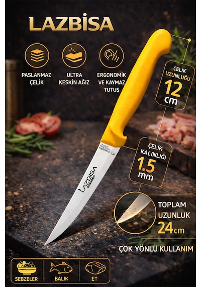 Lazbisa Mtf-007 Gold Serisi Mutfak Bıçak Seti Et Ekmek Sebze Bıçağı 4 Lü Set Günlük Kullanım Sarı