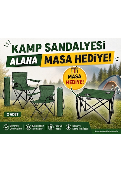 2 Adet Yeşil Katlanır Kamp Sandalyesi Taşıma Çantalı 1 Adet Katlanır Kamp Masası Taşıma Çantalı Hediyeli Koyu Yeşil
