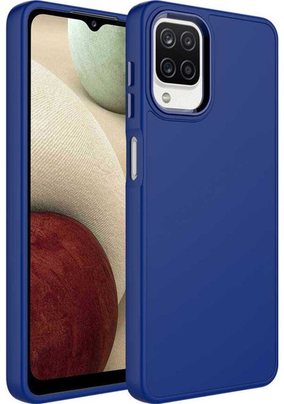 Galaxy A12 Kılıf Metal Çerçeve Ve Buton Tasarımlı Silikon Zore Luna Kapak Lacivert