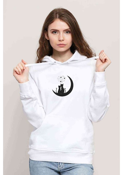 Kediler Aşk Ay Yıldızlar Baskılı Beyaz Kadın Kapşonlu Sweatshirt