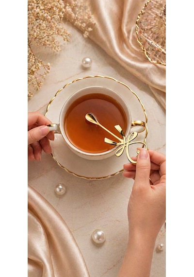 6'lı Kalpli Fiyonklu Gold Kahve Çay Kaşığı Seti-6 Lı Set Şık Sunum Kaşığı