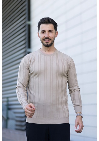 Hk Premium Kazak Fitilli Bisiklet Yaka Slim Fit Triko Bej