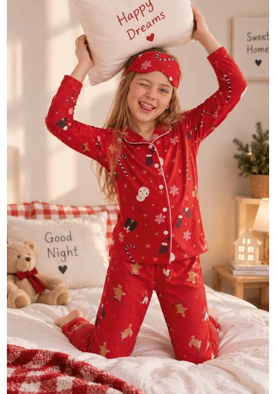 Free Beka Yılbaşı Desenli Uzun Kollu Önden Düğmeli Gömlek Yaka Kız Çocuk Pijama Takımı Kırmızı Free Beka Yılbaşı Desenli Uzun Kollu Önden Düğmeli Gömlek Yaka Kız Çocuk Pijama Takımı Kırmızı