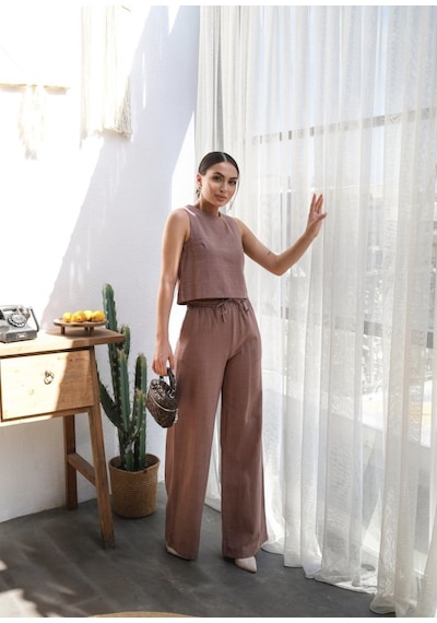 Etiler Collection Keten Bluz Ve Pantolon I Ki Li Takim Kahve