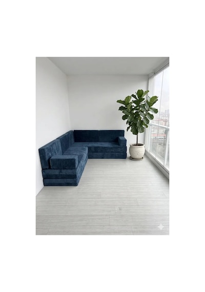 Premium Kadife Kumaş, Konforlu Yer Kanepesi ,modüler Şark Köşesi Takımı - Mavi - 40 Cm- L Set