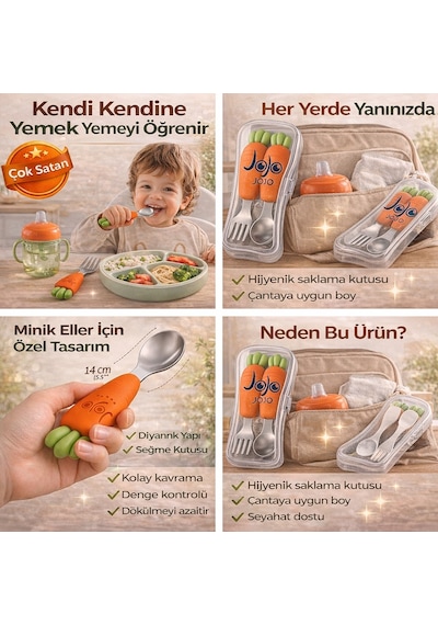 Jojobebek Kaşık Çatal Seti, Ergonomik Kısa Saplı Silikon, Paslanmaz Çelik Uçlu, Saklama Kutulu, (9-24 Ay) (HAVUÇ FİGÜRLÜ)