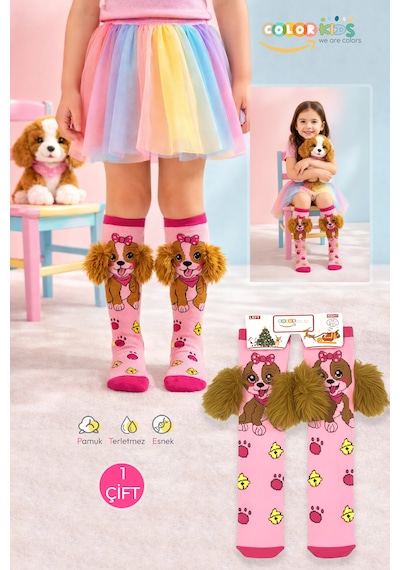 Color Socks 1 Çift Peluş Kulaklı Köpek Desenli Kız Çocuk Çorap Pembe