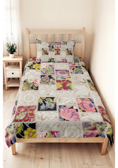 Çiçekli Patchwork Bej Tek Kişilik Pike Takımı - Vintage Krem Pembe 160x220 Cm Mevsimlik Yatak Örtüsü Kırsal İpek Dengesi