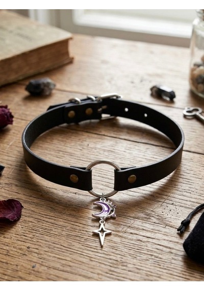 Ay Yıldız Detaylı Choker Kolye Kadın Gotik Boyunluk Kolye Alternatif Moda Yaka Kolyesi Punk Ve Cosplay Aksesuarı Mor