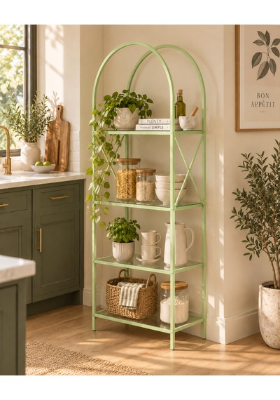 Noble Metal Kitaplık Dekoratif Kemerli 4 Raflı Salon Ve Ofis Rafı 70x180 Cm Yeşil