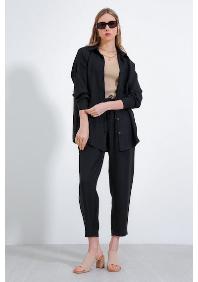 Bigdart Kadın Siyah Oversize Keten Alt Üst Takım 6622 6622bgd19-001-14413 001