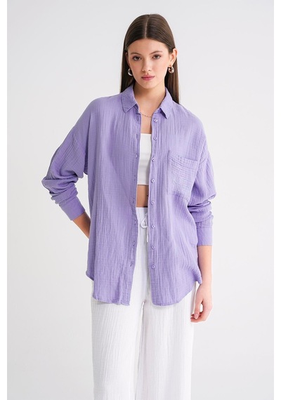 Mixray 3833 Kadın Oversize Cepli Müslin Gömlek Menekşe