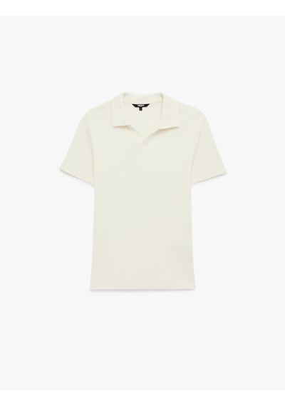 Koton Kısa Kollu Pamuklu Slim Fit V Yaka Polo Tişört Ekru 6sam10074mk