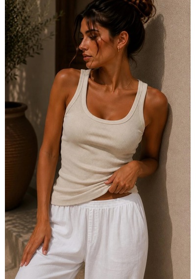 Bb Butik Basic Soft Cotton Fitilli Pamuk Basic Atlet Vücuda Oturan Kalıp Md3571 Krem