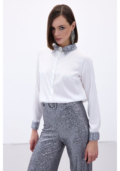 Sateen Payet Detaylı Saten Gömlek - Gri-136688 gri