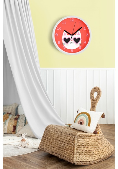 Süslü Kedi Tasarım Modern Duvar Saati - Çocuk Odası Duvar Saati - 30cm - Önü Camlı Beyaz Kasa Beyaz