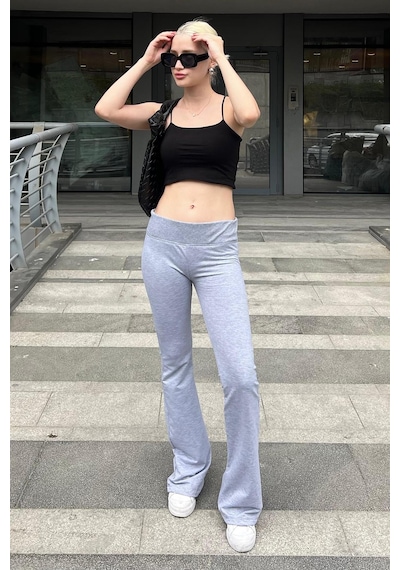 Madmext Grimelanj Beli Fitilli Yüksek Bel İspanyol Paça Pantolon Mg2096-grimelanj Gri Melanj
