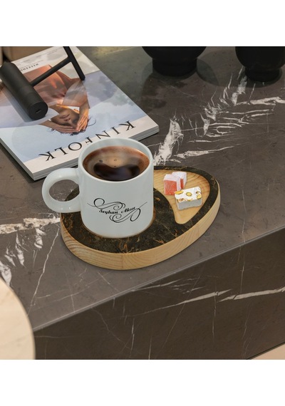 Kişiye Özel Mermer Tasarımlı Doğal Ahşap Tabaklı Türk Kahvesi Fincanı Sunum Seti Model 8