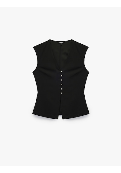 Koton Krep Scuba Kumaş Slim Fit Peplum Kesim Düğmeli V Yaka Yelek Siyah 6wak30113ek Siyah