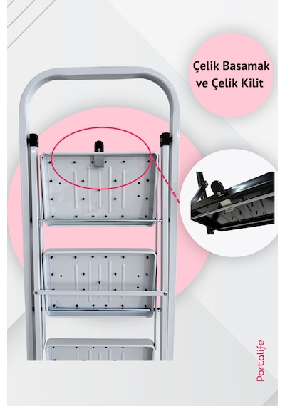 Portalife 3 Basamaklı Beyaz Çelik Şık Merdiven 101-150cm Arası