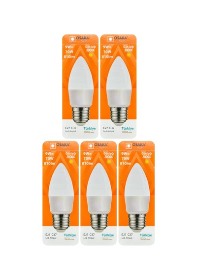 5 Adet Osaka 9w 70w Sarı Işık 3000k E27 Duylu Kalın Duy Led Mum Ampul