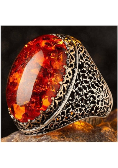 Takılingo 925 Ayar Büyük Kehribar Taşlı Telkari Erkek Yüzük Gümüş