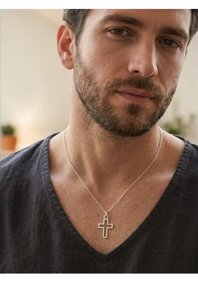 Unisex Gümüş Haç Kolye Minimalist Çelik Zincirli Erkek & Kadın Şık Cross Necklace Trend Aksesuar H002