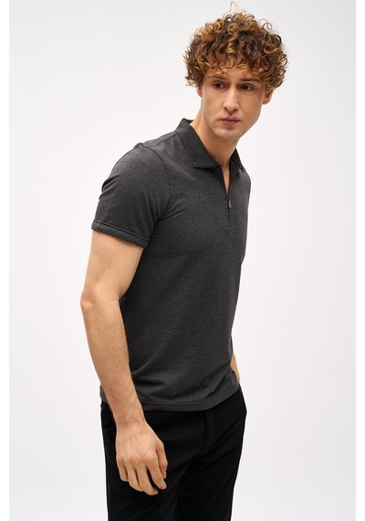 Antrasit Slim Fit Dar Kalıp Fermuarlı Polo Yaka Düz Kısa Kollu Tişört-16410 Gri
