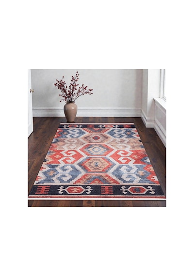Vintage Etnik Kilim Kırmızı & Mavi Desenli Kaymaz Taban Çok Renkli Çok Renkli