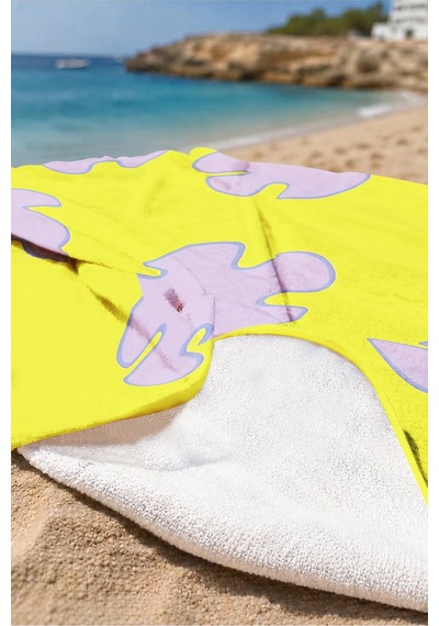 Çiçek Desenli Neon Sarı Lila Plaj Havlusu - Retro Pop Art Modern Hızlı Kuruyan Mikrofiber Havlu Sessiz Melisa