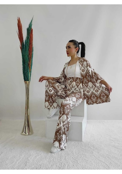 İpli Kahverengi Desenli Ikili Kimono Takım Rahat Kalıp Kahverengi