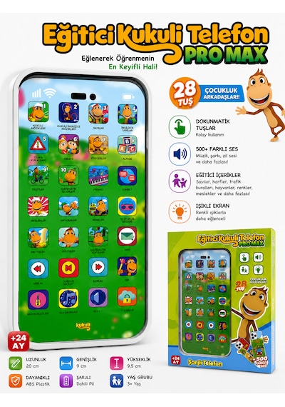 Eğitici Kukuli Telefon Pro Max Şarjlı, Sesli Ve Işıklı Eğitici Oyuncak Telefon