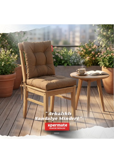 Pofuduk Arkalıklı Sandalye Minderi Bağcıklı Yıkanabilir Dekoratif Minder Kahverengi