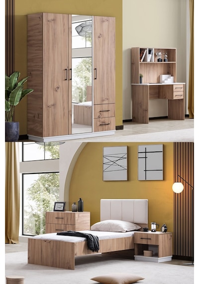 Genç Odası Efes 3 Kapaklı Dolap,karyola,çalışma Masası,şifonyer,komodin Ceviz Krem Ceviz Genç Odası Efes 3 Kapaklı Dolap,karyola,çalışma Masası,şifonyer,komodin Ceviz Krem Ceviz