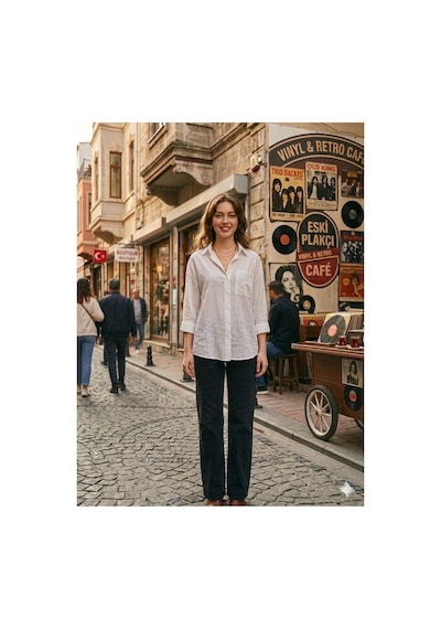 Zdnjeans Kadın Beyaz Rahat Kesim Keten Gömlek