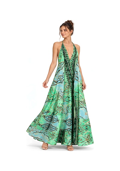 Lili Woman Kadın Yeşil Ombreli Batik Desenli Halter Yaka Otantik Maxi Elbise Mo.melb01y